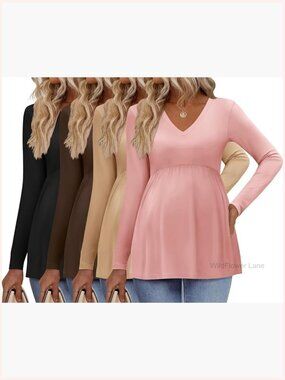 4 Pack Maternity Long Sleeve V Neck Shirts - Soft Pleated Pregnancy Tunic Tops